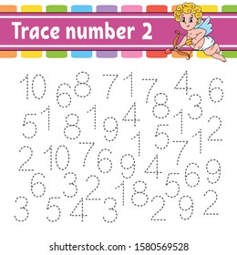 Trace number. Handwriting practice. Learning numbers for kids. Education developing worksheet. Activity page. Game for toddlers and preschoolers. Isolated vector illustration in cute cartoon style.