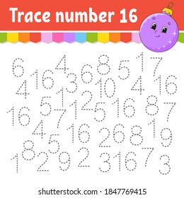Trace number . Handwriting practice. Learning numbers for kids. Education developing worksheet. Activity page. Game for toddlers and preschoolers. Isolated vector illustration in cute cartoon style.