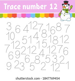 Trace number . Handwriting practice. Learning numbers for kids. Education developing worksheet. Activity page. Game for toddlers and preschoolers. Isolated vector illustration in cute cartoon style.
