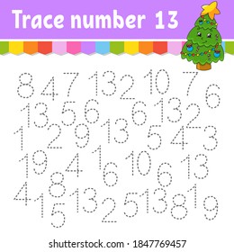 Trace number . Handwriting practice. Learning numbers for kids. Education developing worksheet. Activity page. Game for toddlers and preschoolers. Isolated vector illustration in cute cartoon style.