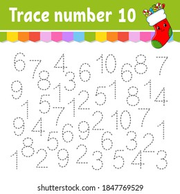 Trace number . Handwriting practice. Learning numbers for kids. Education developing worksheet. Activity page. Game for toddlers and preschoolers. Isolated vector illustration in cute cartoon style.