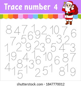 Trace number . Handwriting practice. Learning numbers for kids. Education developing worksheet. Activity page. Game for toddlers and preschoolers. Isolated vector illustration in cute cartoon style.