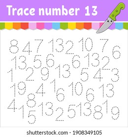 Trace number . Handwriting practice. Learning numbers for kids. Education developing worksheet. Activity page. Game for toddlers and preschoolers. Isolated vector illustration in cute cartoon style.