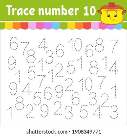 Trace number . Handwriting practice. Learning numbers for kids. Education developing worksheet. Activity page. Game for toddlers and preschoolers. Isolated vector illustration in cute cartoon style.