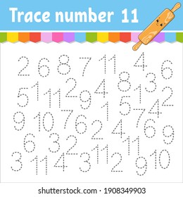 Trace number . Handwriting practice. Learning numbers for kids. Education developing worksheet. Activity page. Game for toddlers and preschoolers. Isolated vector illustration in cute cartoon style.