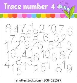Trace number . Handwriting practice. Learning numbers for kids. Education developing worksheet. Activity page. Game for toddlers and preschoolers. Isolated vector illustration in cute cartoon style.