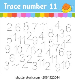 Trace number . Handwriting practice. Learning numbers for kids. Education developing worksheet. Activity page. Game for toddlers and preschoolers. Isolated vector illustration in cute cartoon style.