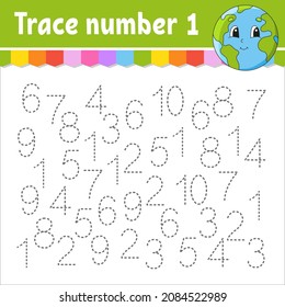 Trace number . Handwriting practice. Learning numbers for kids. Education developing worksheet. Activity page. Game for toddlers and preschoolers. Isolated vector illustration in cute cartoon style.