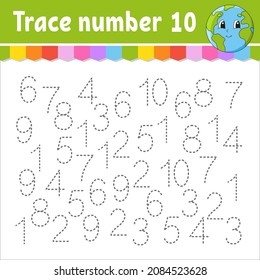 Trace-Nummer . Handschriftübungen. Zahlen für Kinder lernen. Arbeitsblatt für die Erziehung. Aktivitätsseite. Spiel für Kleinkinder und Vorschulkinder. Einzige Vektorgrafik im süßen Cartoon-Stil.