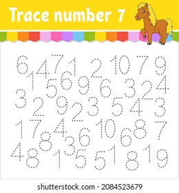 Trace number . Handwriting practice. Learning numbers for kids. Education developing worksheet. Activity page. Game for toddlers and preschoolers. Isolated vector illustration in cute cartoon style.