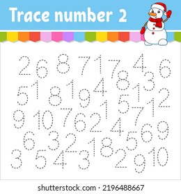 Trace number . Handwriting practice. Learning numbers for kids. Education developing worksheet. Activity page. Christmas theme. Isolated vector illustration in cute cartoon style.