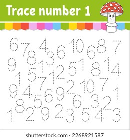 Trace number . Handwriting practice. Learning numbers for kids. Education developing worksheet. Activity page. Vector illustration.