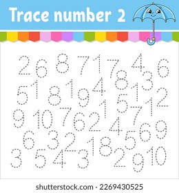 Trace number . Handwriting practice. Learning numbers for kids. Education developing worksheet. Activity page. Vector illustration.