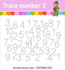 Trace number . Handwriting practice. Learning numbers for kids. Education developing worksheet. Activity page. Game for toddlers and preschoolers. Vector illustration.
