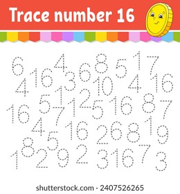 Trace number . Handwriting practice. Learning numbers for kids. Education developing worksheet. Activity page. Game for toddlers and preschoolers. Vector illustration.
