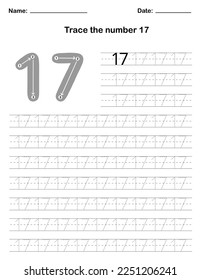 Trace the number. A preschool worksheet that teaches kids the number through tracing. Pre-K and kindergarten activity pages. Vector illustration.