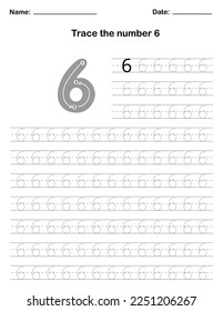 Trace the number. A preschool worksheet that teaches kids the number through tracing. Pre-K and kindergarten activity pages. Vector illustration.