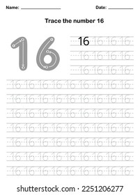 Trace the number. A preschool worksheet that teaches kids the number through tracing. Pre-K and kindergarten activity pages. Vector illustration.