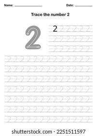 Trace the number. A preschool worksheet that teaches kids the number through tracing. Pre-K and kindergarten activity pages. Vector illustration.