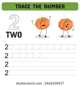 Trace the number. Tracing number 2  with funny pumpkins. Educational game  for kindergarten and preschoolers. Printable sheet. Vector illustration