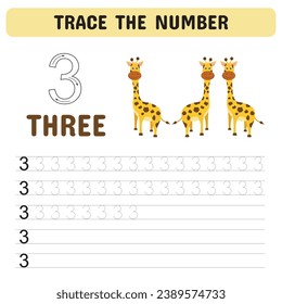 Trace the number . Tracing number 3 worksheet for kindergarten, preschool  handwriting practice activities. Educational children game, printable worksheet. Vector illustration