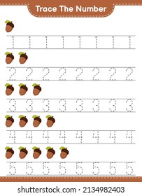 Tragen Sie die Nummer ein. Kennnummer mit Acorn. Kinderspiel, druckbares Arbeitsblatt, Vektorgrafik