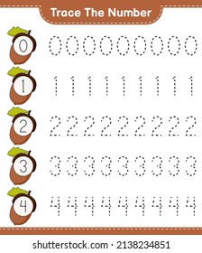 Trace the number. Tracing number with Acorn. Educational children game, printable worksheet, vector illustration
