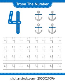 Rastrear el número. Número de seguimiento con Anchor. Juego infantil educativo, hoja de cálculo imprimible, ilustración vectorial