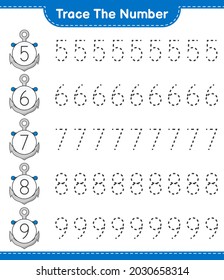 Trace the number. Tracing number with Anchor. Educational children game, printable worksheet, vector illustration