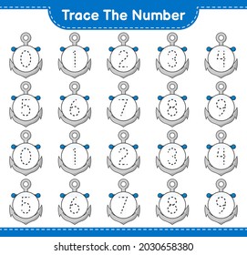 Trace the number. Tracing number with Anchor. Educational children game, printable worksheet, vector illustration
