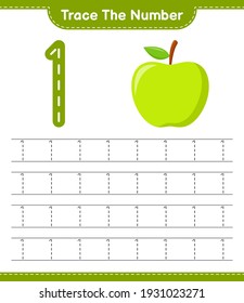 Trace the number. Tracing number with Apple. Educational children game, printable worksheet, vector illustration