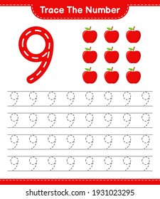 Trace the number. Tracing number with Apple. Educational children game, printable worksheet, vector illustration