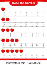 Trace the number. Tracing number with Apple. Educational children game, printable worksheet, vector illustration