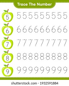 Trace the number. Tracing number with Apple. Educational children game, printable worksheet, vector illustration