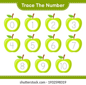Trace the number. Tracing number with Apple. Educational children game, printable worksheet, vector illustration