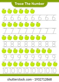 Trace the number. Tracing number with Apple. Educational children game, printable worksheet, vector illustration