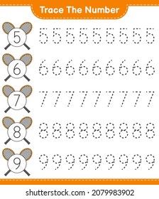 Trace the number. Tracing number with Badminton Rackets. Educational children game, printable worksheet, vector illustration