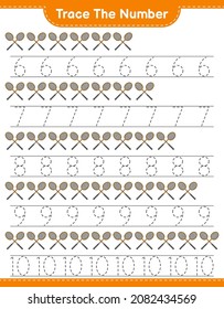 Trace the number. Tracing number with Badminton Rackets. Educational children game, printable worksheet, vector illustration