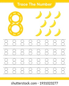 Rastrear el número. Número de seguimiento con Banana. Juego infantil educativo, hoja de cálculo imprimible, ilustración vectorial