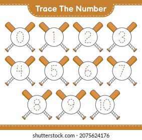 Trace the number. Tracing number with Baseball Bat. Educational children game, printable worksheet, vector illustration