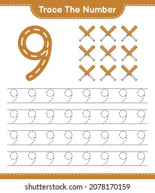 Trace the number. Tracing number with Baseball Bat. Educational children game, printable worksheet, vector illustration