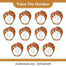 Trace the number. Tracing number with Baseball Glove. Educational children game, printable worksheet, vector illustration