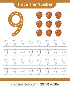 Trace the number. Tracing number with Baseball Glove. Educational children game, printable worksheet, vector illustration