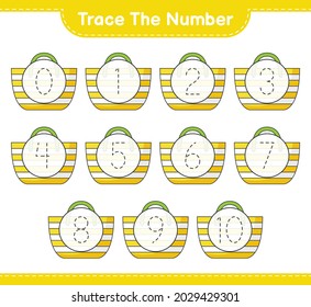 Trace the number. Tracing number with Beach Bag. Educational children game, printable worksheet, vector illustration