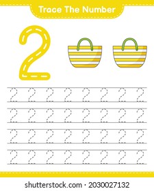 Rastrear el número. Número de seguimiento con Beach Bag. Juego infantil educativo, hoja de cálculo imprimible, ilustración vectorial