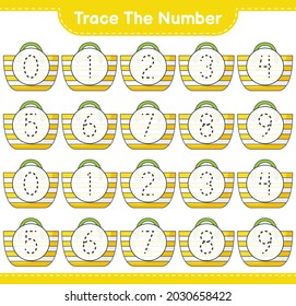 Trace the number. Tracing number with Beach Bag. Educational children game, printable worksheet, vector illustration