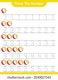 Trace the number. Tracing number with Beach Ball. Educational children game, printable worksheet, vector illustration