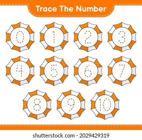Trace the number. Tracing number with Beach Umbrella. Educational children game, printable worksheet, vector illustration