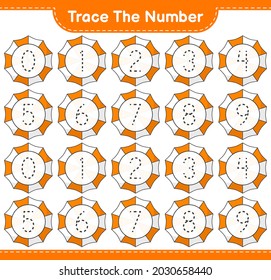 Trace the number. Tracing number with Beach Umbrella. Educational children game, printable worksheet, vector illustration