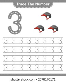 Rastrear el número. Número de seguimiento con casco de bicicleta. Juego infantil educativo, hoja de cálculo imprimible, ilustración vectorial